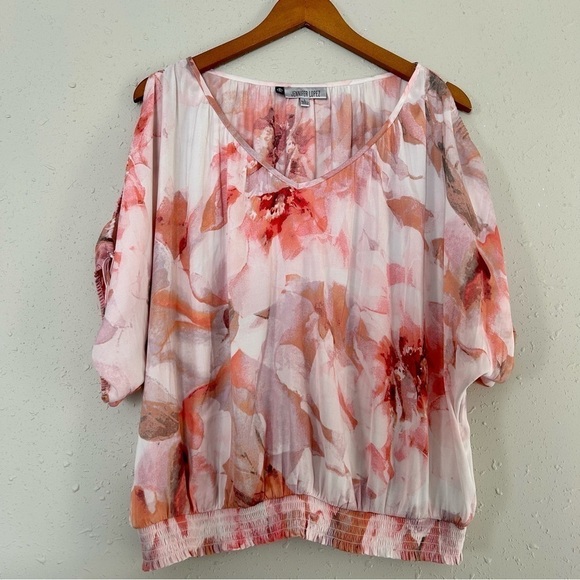 🦋 Jennifer Lopez Pink Cream Floral Slit Sleeve Tie Flowy Blouse Large - Picture 1 of 8